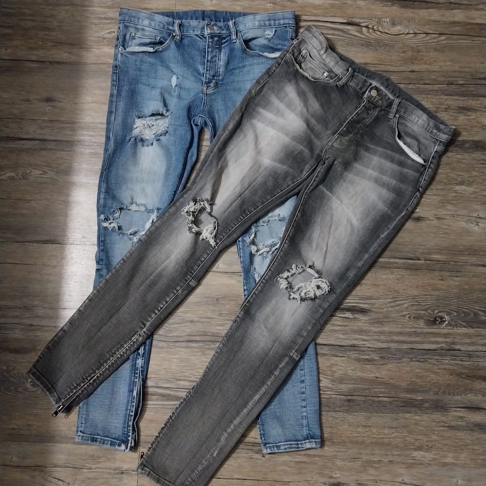 MNML Jeans Men Size 34 Skinny Distressed Ankle Zip Black Grunge Skate Button Fly